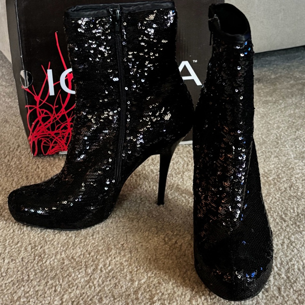 Stunning Black Sequin High Heel Stiletto Ankle Boots Full inside zip up Sz9